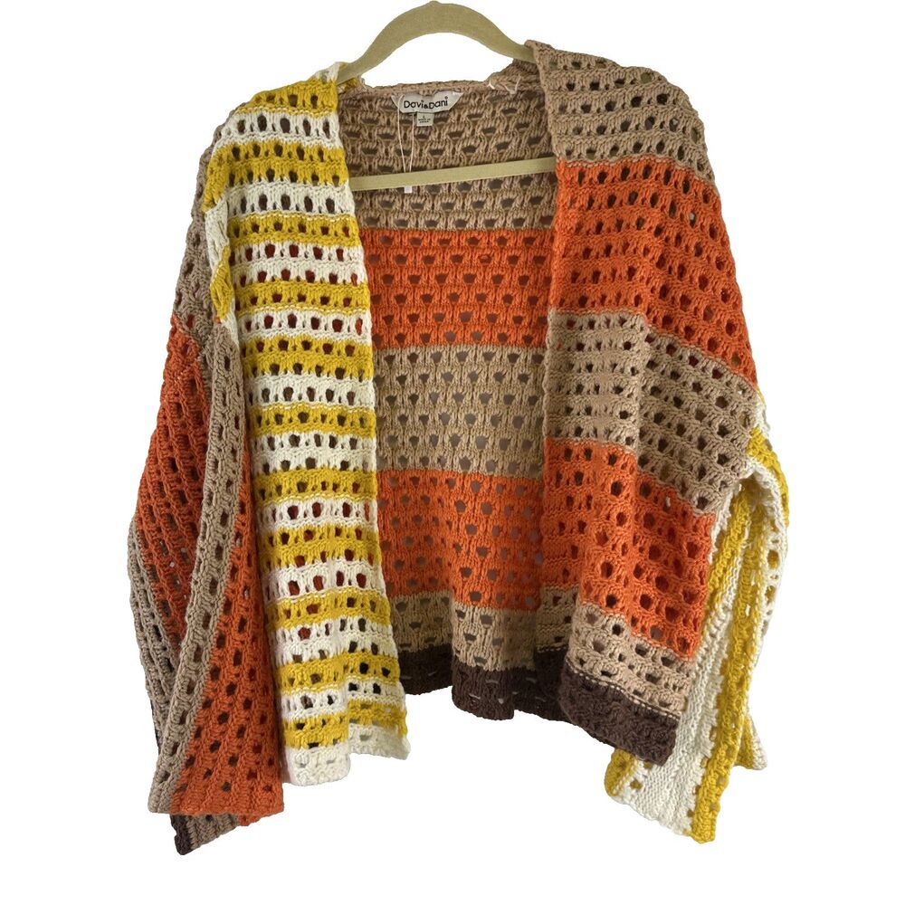 Davi Dani Retro Crochet Cardigan Bell Sleeves Open Knit Cottagecore Grandma Cozy